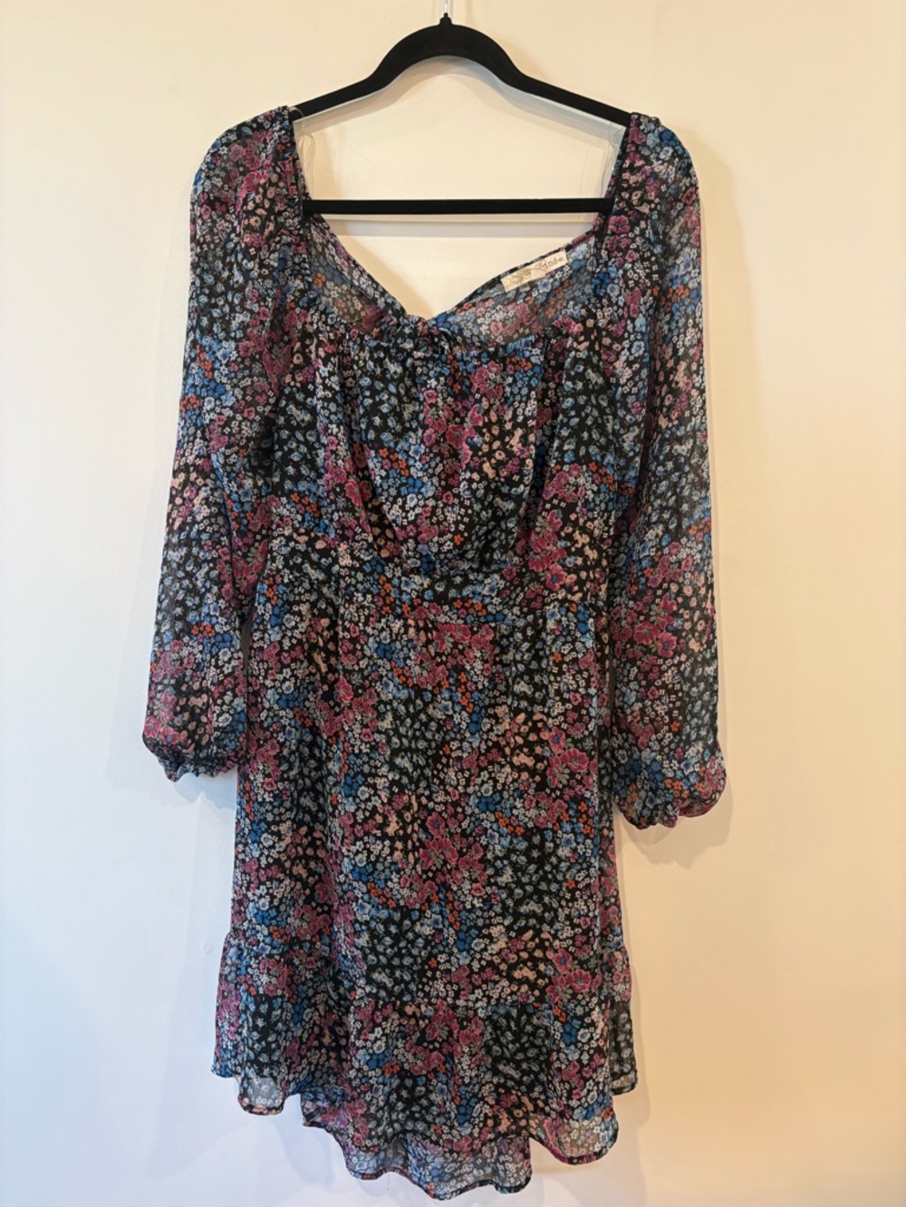 Rewind Black Floral Long Sleeve Smocked Waist Dress